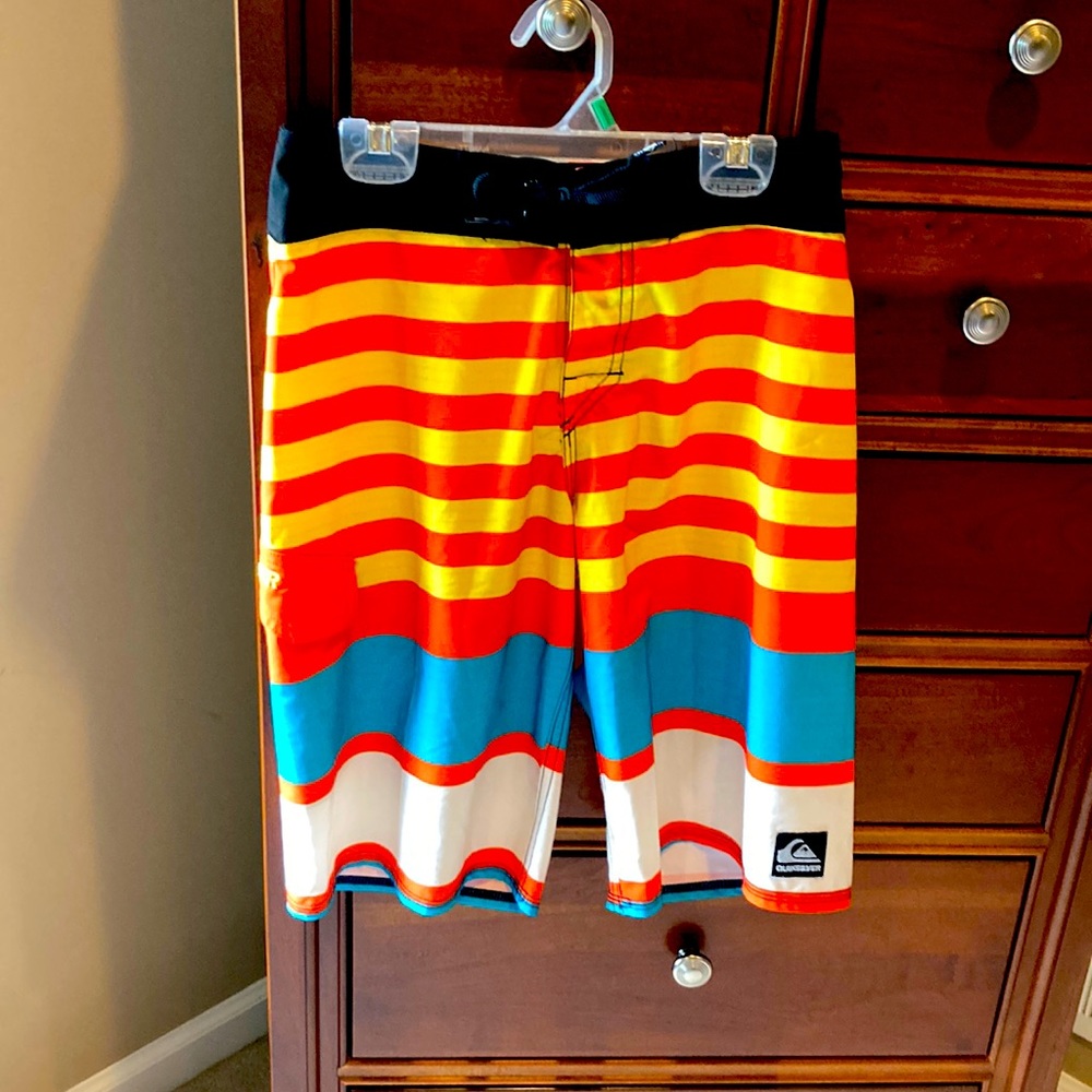 Quicksilver boys bathing suit, size 27, orange, blue, yellow stripes, drawstring